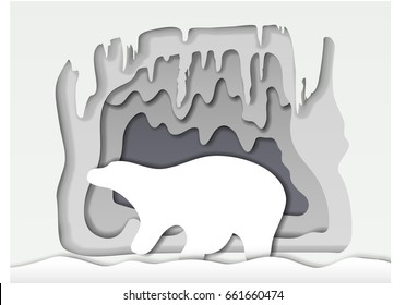 Der Eisbär wandert in der Nähe seines Hauses, die Schneehöhle mit den Eisstalaktiten. Vektorgrafik mit Maschenschatten.