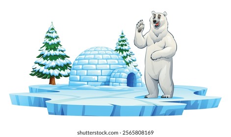 Polar bear waving near an igloo and snow covered pine trees on an icy platform. Vector cartoon illustration