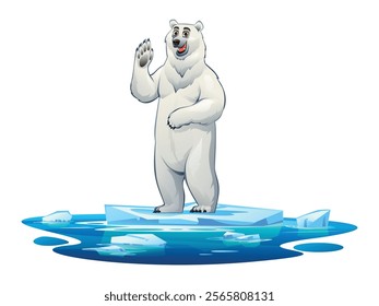 Polar bear waving on a floating ice platform surrounded by icy waters. Vector cartoon illustration