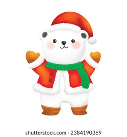polar bear wear red hat and red Winter cloth. Christmas character vector illustration handdrawn.