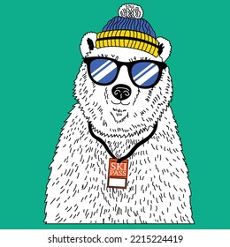 POLAR BEAR WEARING GLASSES WITH A SKI PASS ON HIS NECK