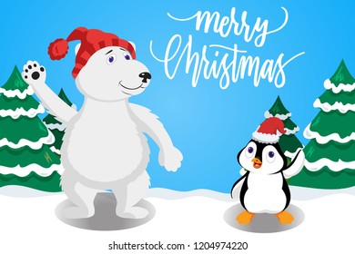 Polar Bear Wearing Hat and Penguin Wearing Santa Hat