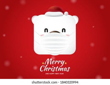Eisbär mit einer Schutzmaske auf rotem Hintergrund. Frohe Weihnachten und glückliches neues Jahr. Gesundheitsversorgung während der COVID-19-Pandemie. Vektorgrafik.