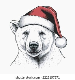 Polar Bear Wearing Santa Hat Vector Tshirt Design Logo Illustration