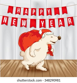 Polar bear wearing santa hat deliver Christmas gifts. Concept for greeting card. Vector illustration.