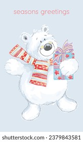 A polar bear wearing a scarf and holding a gift box, with the text Seasons Greetings above it.
