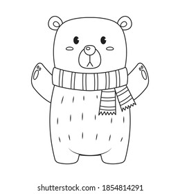 Oso polar con la página de dibujos animados de la ilustración vectorial de la bufanda. Caricatura vectorial de Navidad.
