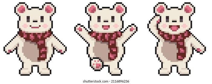 Polar bear wearing scraft pixel art vector illustrator