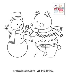 Polar bear wearing sweater joyfully building a snowman in a winter coloring pages for kids. Trace and color bear Christmas character. Holiday seasons worksheet printable for kids. Christmas worksheet.