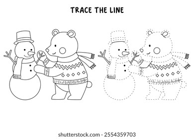 Polar bear wearing sweater joyfully building a snowman in a winter coloring pages for kids. Trace and color bear Christmas character. Holiday seasons worksheet printable for kids. Christmas worksheet.