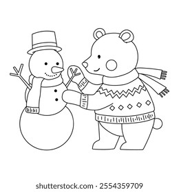 Polar bear wearing sweater joyfully building a snowman in a winter coloring pages for kids. Trace and color bear Christmas character. Holiday seasons worksheet printable for kids. Christmas worksheet.