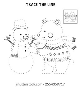 Polar bear wearing sweater joyfully building a snowman in a winter coloring pages for kids. Trace and color bear Christmas character. Holiday seasons worksheet printable for kids. Christmas worksheet.