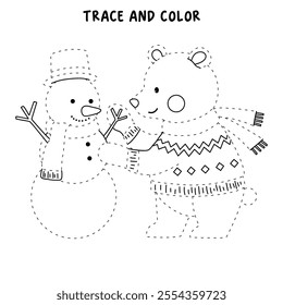 Polar bear wearing sweater joyfully building a snowman in a winter coloring pages for kids. Trace and color bear Christmas character. Holiday seasons worksheet printable for kids. Christmas worksheet.