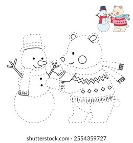 Polar bear wearing sweater joyfully building a snowman in a winter coloring pages for kids. Trace and color bear Christmas character. Holiday seasons worksheet printable for kids. Christmas worksheet.