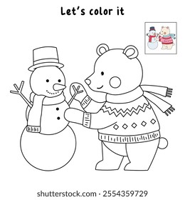 Polar bear wearing sweater joyfully building a snowman in a winter coloring pages for kids. Trace and color bear Christmas character. Holiday seasons worksheet printable for kids. Christmas worksheet.