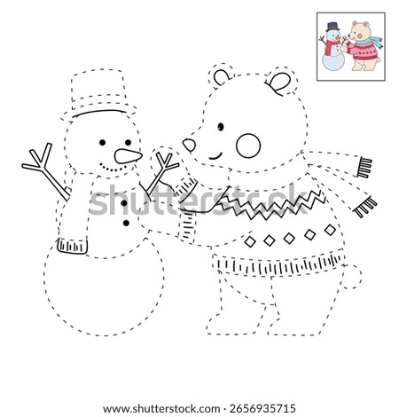 Polar bear wearing sweater joyfully building a snowman in a winter coloring pages for kids. Trace and color polar bear Christmas character. Holiday worksheet printable for kids. Christmas worksheet.