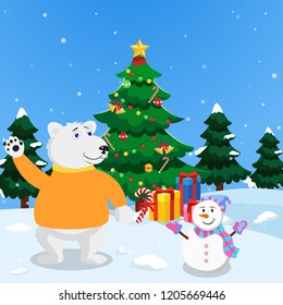 Polar Bear Wearing Sweater and Snowman Wearing Scraft, Glove, and Hat