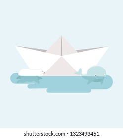polar bear and Whales with Paper boat  