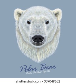 Polar bear wild animal face. Vector cute Northern Arctic, Canadian, Alaska, Norway Polar Bear Ursus maritimus head portrait. Realistic fur portrait of ice big bear isolated on blue background.