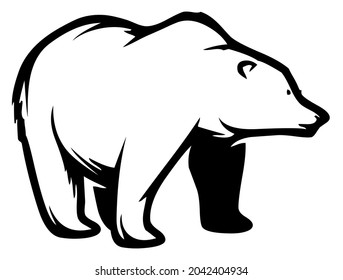 Polar bear, wild animal living on Arctic, north pole, wildlife, beast, predator, carnivore, mammal, vector, illustration in black and white color, isolated on white background 