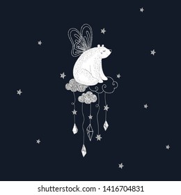 Polar bear with wings vector illustration. Cute fairytale animal sitting on sparkling clouds. Dreamy teddy on starry night isolated on dark blue background. T-shirt print, postcard design element
