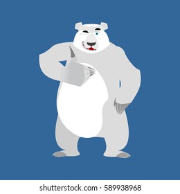 Polar Bear winks Emoji. Wild animal Arctic and Antarctic. Merry Emotion beast thumbs up