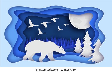 Polar bear is in the winter forest. Past The Trees. Night, moon. Birds fly away. New year. Paper style. Blue tones. 10 eps