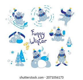Polar bear and winter fun activity.  Set of childish illustration. 