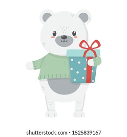 polar bear with wrapped gift celebration merry christmas vector illustration