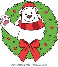 Polar bear in xmas wreath vector illustration