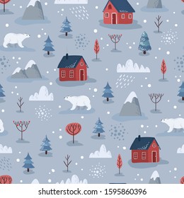 Polar bears among red houses and mountains with snowfall. Winter landscape, seamless pattern