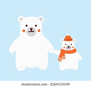 Polar bears concept. Mother and son in red scarf and hat. Arctic and Antarctica. Wild life and fauna, biology and zoology. Poster or banner for website. Cartoon flat vector illustration