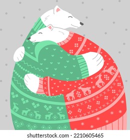 Polar bears cuddle in Christmas sweaters.  Ideal for print, poster. Vector illustration.