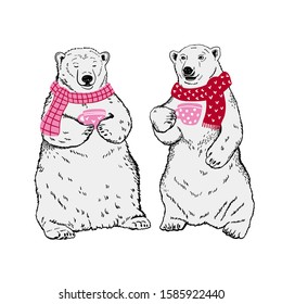 Polar bears with cups of tea. Bears animals in a cozy tea party. Close-up. Friendship. Clip art. Hand Painting. Ink. Line art, black and white. Coffee shop or cafe