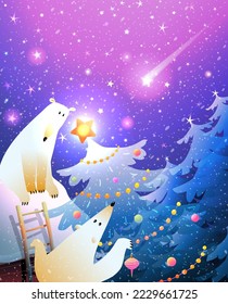 Polar bears decorating Christmas tree at night. Shooting stars in the sky. Cute animals illustration for winter holidays, Christmas or New Year greetings. Vector illustration in watercolor style.