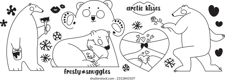 Polar bears doodle black and white vector illustration