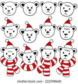 Polar bears faces, in Santa Claus hats and in hats and scarfs Christmas winter holidays animal set isolated on white background 