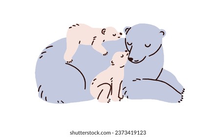 Familia de osos polares. Animales salvajes, madres y niños mienten juntos. Mamá y cachorros bebés del Polo Norte. Mami y los niños pequeños aman. Ilustración vectorial plana aislada en fondo blanco