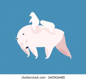 Polar bears family flat vector illustration. Motherhood, love and fondness, tenderness and affection concept. Cute mammals, little white bears riding on moms back isolated on blue background.