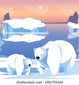 polar bears family in snow iceberg north pole scene vector illustration