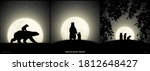 Polar bears family walking in grass on moonlight night. Animal baby silhouette on back of mother. Landscape framed by branches. Full moon in starry sky. Black and white vector illustration set