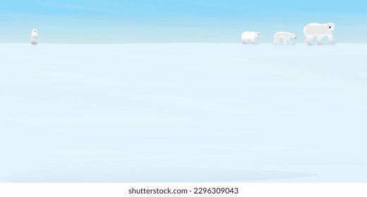 Polar bears family walking on ice at North Pole flat design vector illustration. Snow landscape concept with blank space.