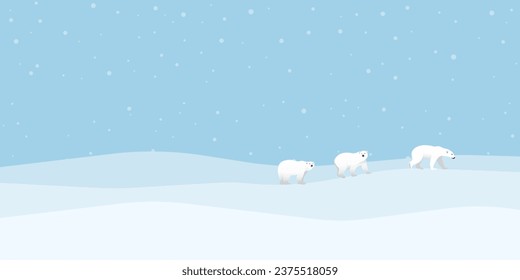 Polar bears family walking on ice have snowfall at North Pole vector illustration. Snow landscape concept with blank space.