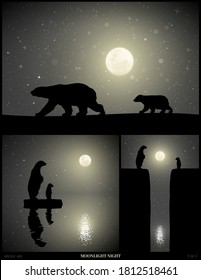 Polar bears family walking in snow on moonlight night. Animal mother and baby silhouettes on edge of cliff. Landscape with cracked iceberg, ice floe. Full moon in starry sky. Vector illustration set