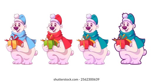 Polar bears flat illustration. Cute white bear characters in festive attire holding gifts under the Christmas tree. Four bear characters in different outfits ready for a fun celebration. 