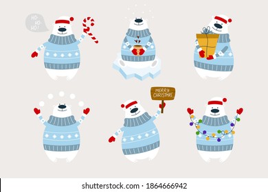  Polar bears with garland, gift, snowballs, wooden sign, candy cane, a cup of coffee. Christmas vector illustration with polar bears.