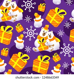 Polar bears with a gift. Christmas seamless pattern. Winter print. Polar bears family