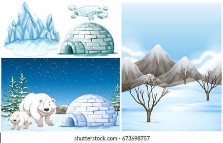 Polar bears and igloo on snow field illustration