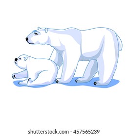 Polar bears mom and cub isolated on white background