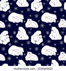 Polar bears on a blue background. Winter seamless vector pattern. Holidays. Mama bear and baby. Cute winter fabric pattern. Blue background. Drawn polar bears and snowflakes.